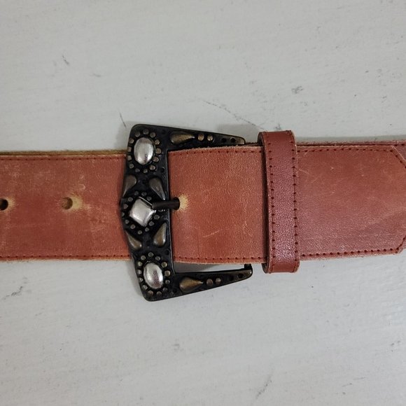 Studded Belt Womens Medium Brown Leather Sepia Tan Western Boho Embellished - Picture 3 of 10